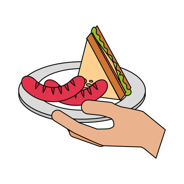 Mano che tiene salsiccia e sandwich — Vettoriale Stock