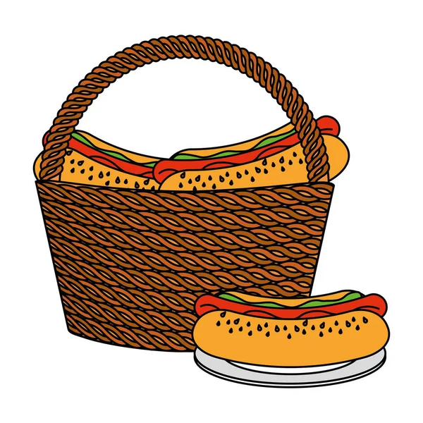 Wicker basket hot dogs — Stock Vector