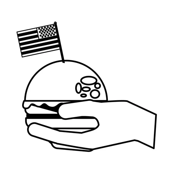 Hand hält Burger und amerikanische Flagge — Stockvektor