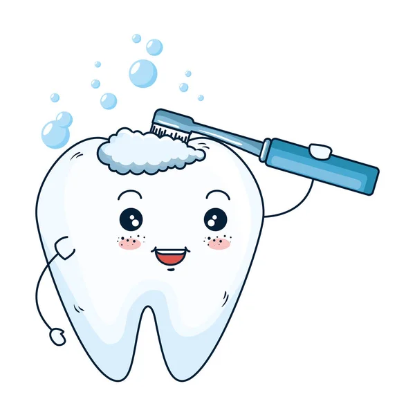Dent comique avec brosse à dents caractère kawaii — Image vectorielle