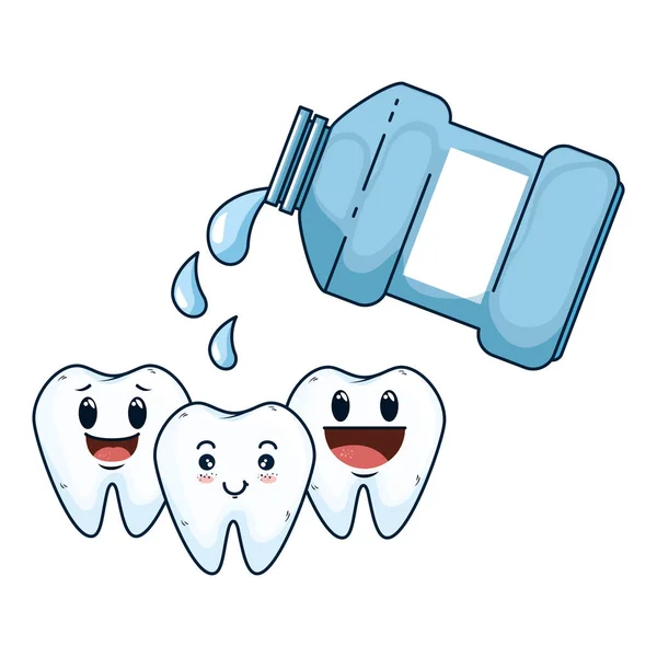 Dents comiques avec des caractères kawaii rince-bouche — Image vectorielle