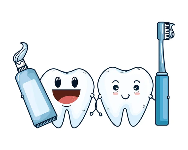 Pareja de dientes cómicos con caracteres de cepillo y pegamento — Vector de stock