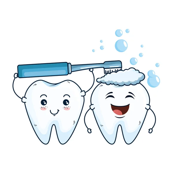 Comic teeth couple with toothbrush kawaii — Stock Vector