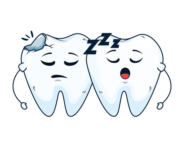 Dientes cómicos pareja durmiendo caracteres kawaii — Vector de stock