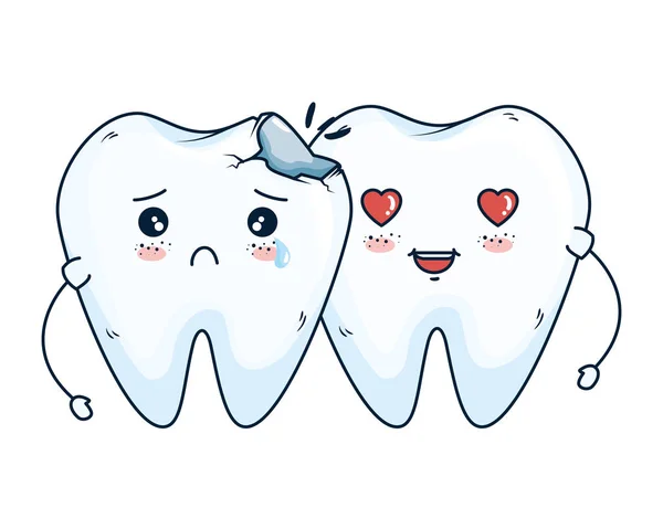 Coppia di denti comici con kawaii cuore — Vettoriale Stock