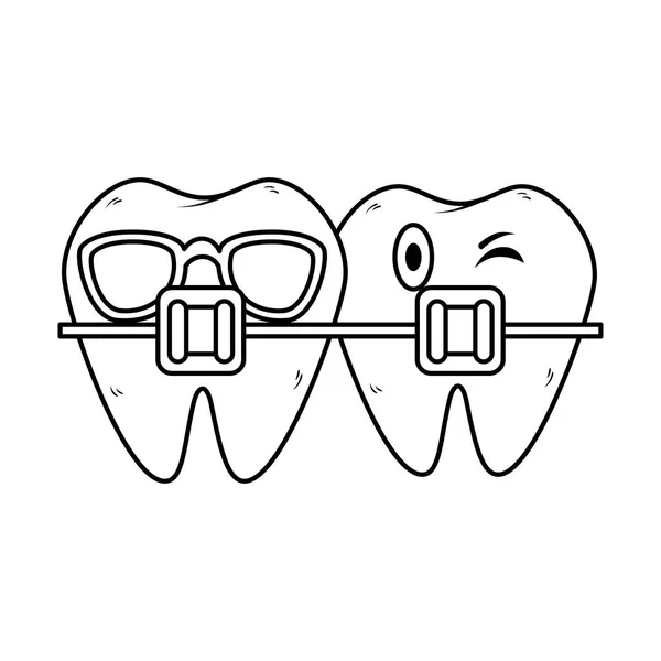 Dents avec orthodontie caractères kawaii — Image vectorielle