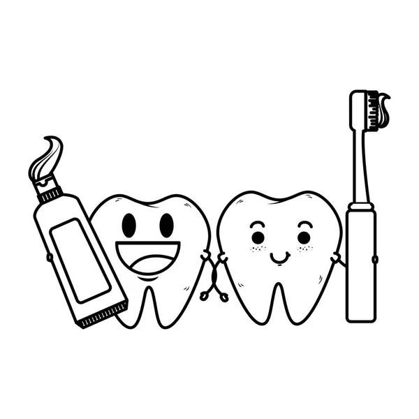 Pareja de dientes cómicos con caracteres de cepillo y pegamento — Vector de stock