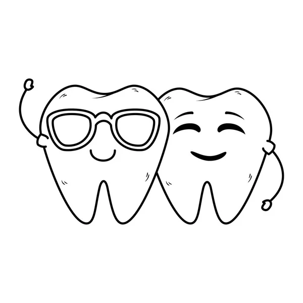 Pareja de dientes cómicos con gafas de sol kawaii — Vector de stock