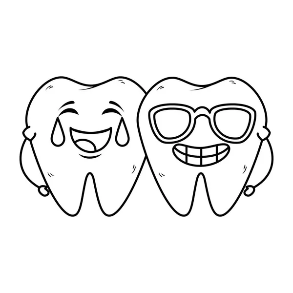 Couple de dents comiques avec des lunettes de soleil kawaii — Image vectorielle