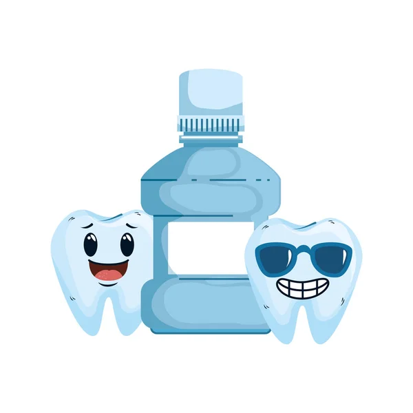 Comic teeth couple with mouthwash kawaii characters — Stock Vector