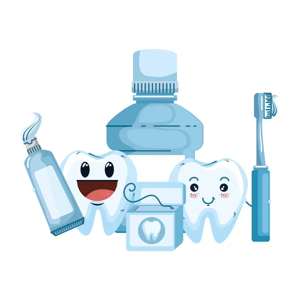 Coppia di denti comici con attrezzature per l'igiene orale — Vettoriale Stock