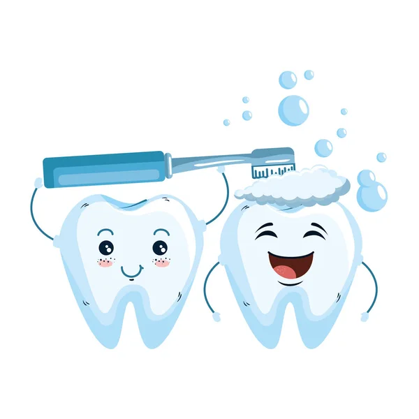 Komische tanden paar met tandenborstel kawaii — Stockvector