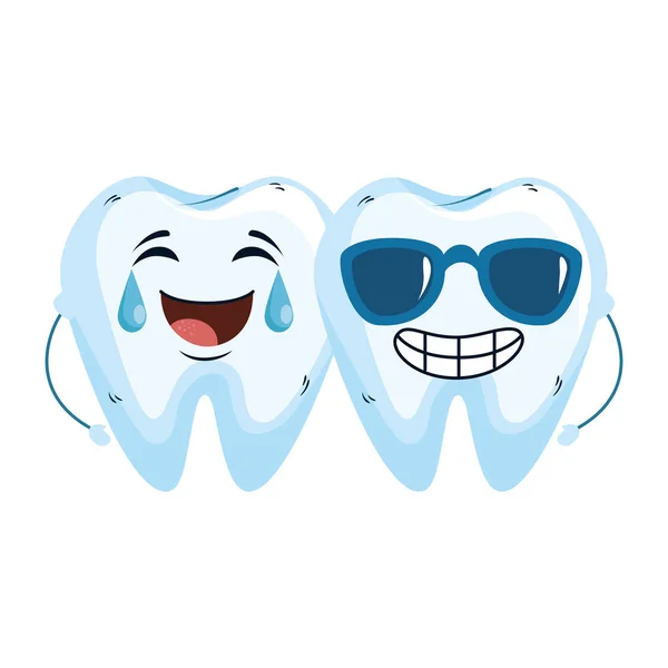 Couple de dents comiques avec des lunettes de soleil kawaii — Image vectorielle