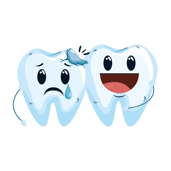 Dientes cómicos romper pareja kawaii caracteres — Vector de stock