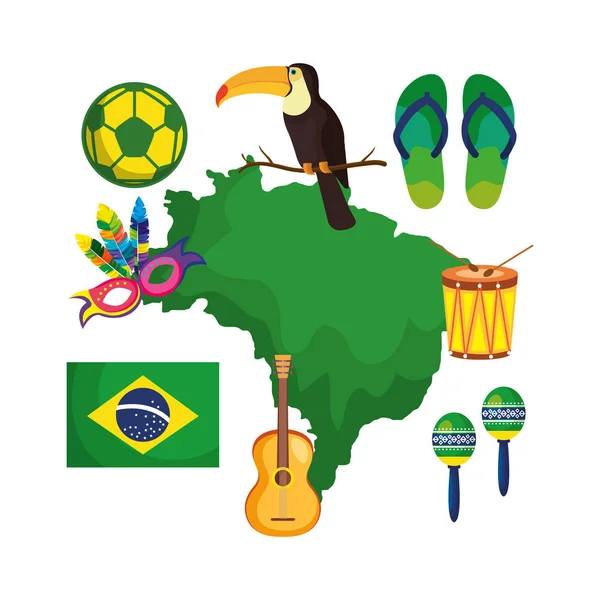 Mapa brasileño con iconos de la cultura — Archivo Imágenes Vectoriales