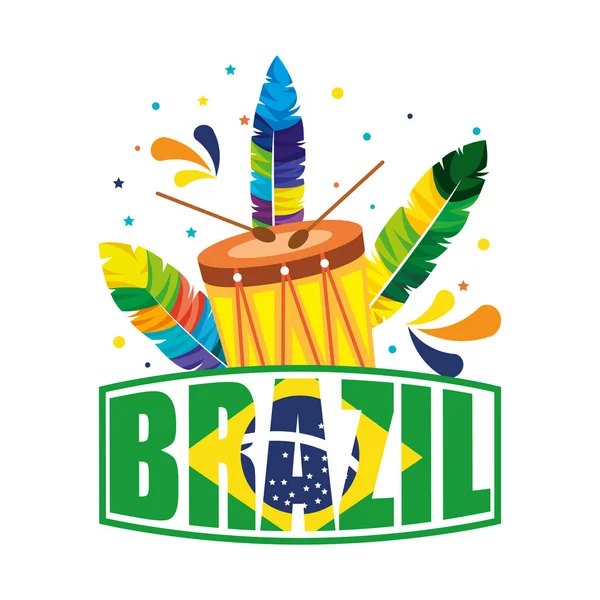 Bayrak ve davul ile Brezilyalı etiket — Stok Vektör