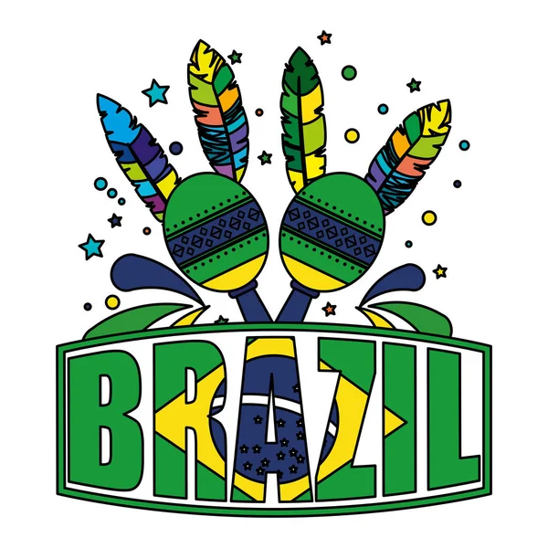 Etiqueta brasileña con bandera y maracas — Vector de stock