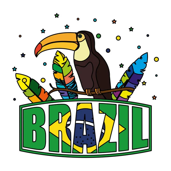 Pasăre exotică toucan cu etichetă braziliană — Vector de stoc