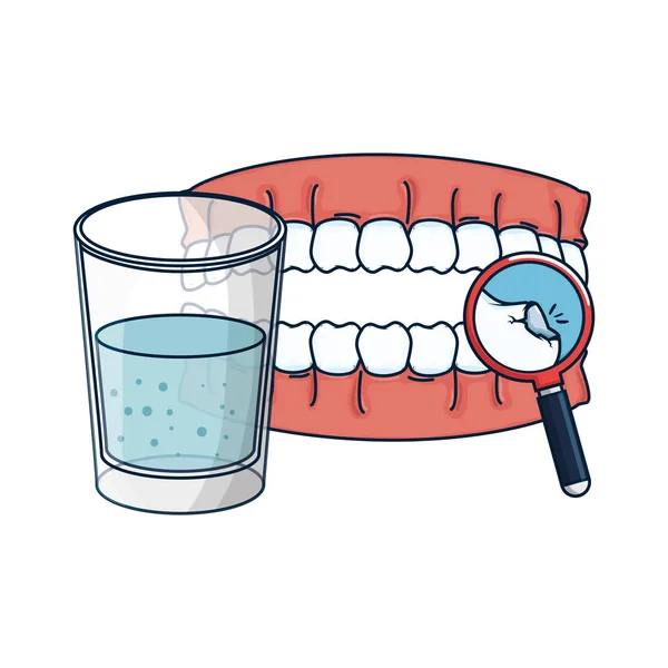 Dentes humanos com vidro de água e lupa — Vetor de Stock