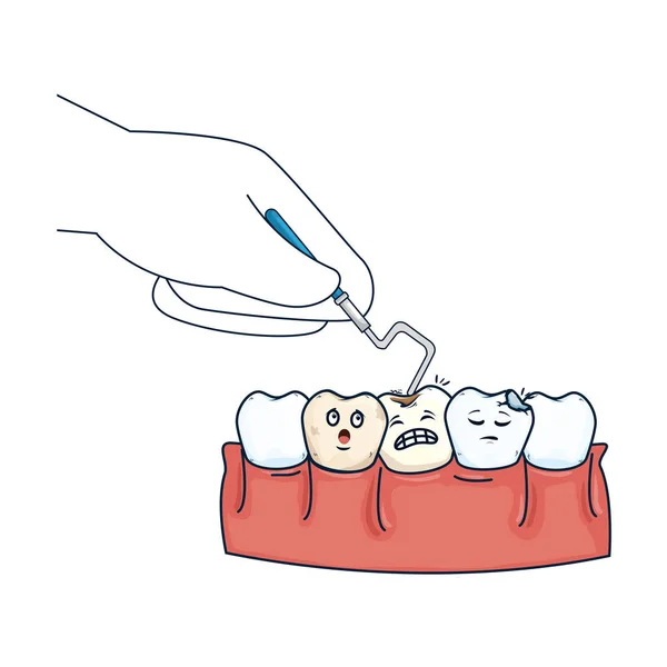 Зуби людини з рукою стоматолога і дрилем — стоковий вектор