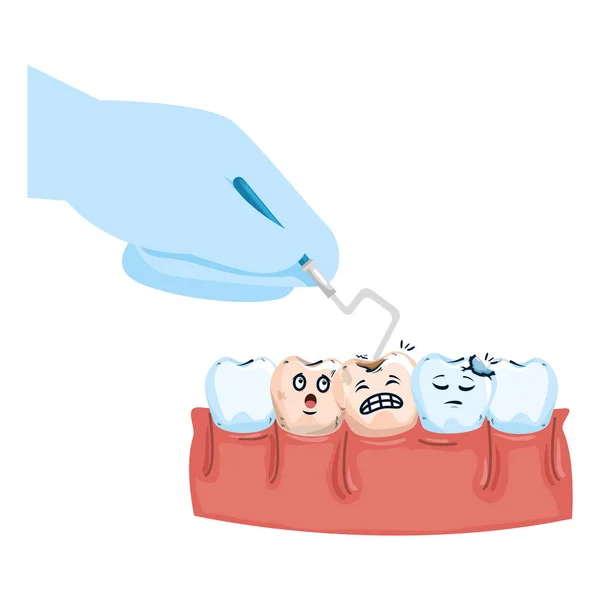 Dentes humanos com mão dentista e broca —  Vetores de Stock