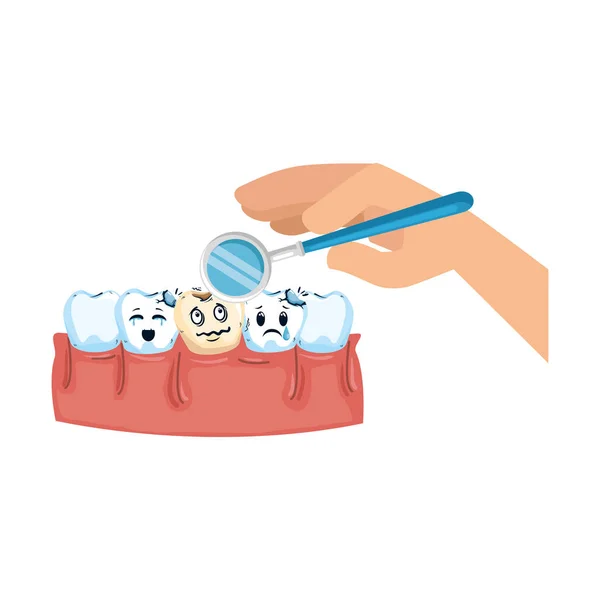 Dents comiques avec main de dentiste en utilisant le miroir — Image vectorielle