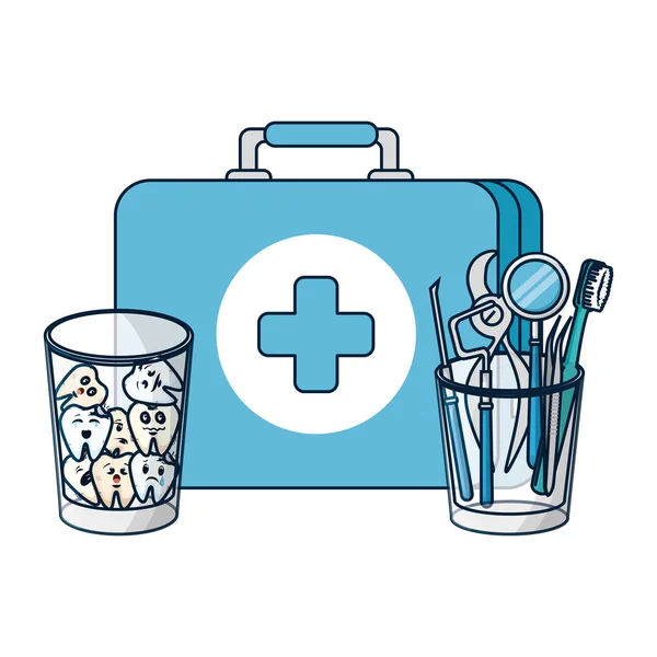 Zähne aus Glas mit medizinischem Set und Zahnarztwerkzeugen — Stockvektor