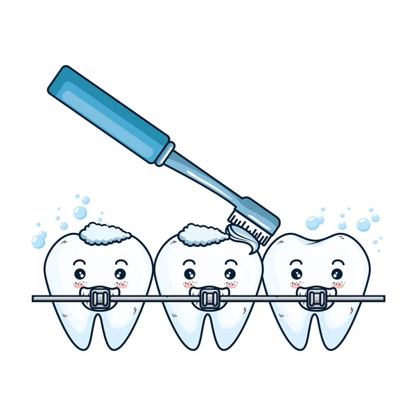Dents comiques avec brosse et caractères orthodontiques — Image vectorielle
