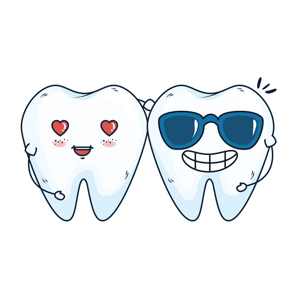 Coppia di denti comici con kawaii cuore — Vettoriale Stock