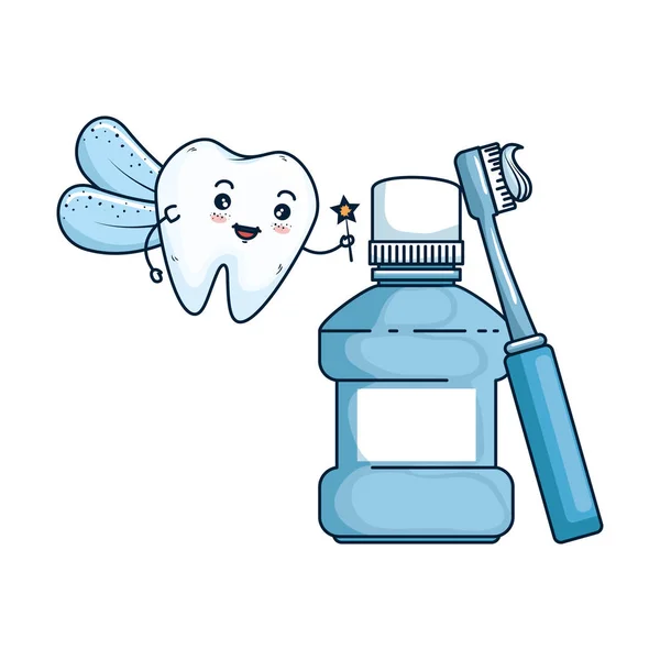 Comic tooth with mouthwash kawaii character — Stock Vector