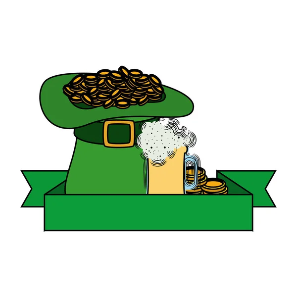 Chapeau leprechaun avec des pièces et de la bière — Image vectorielle