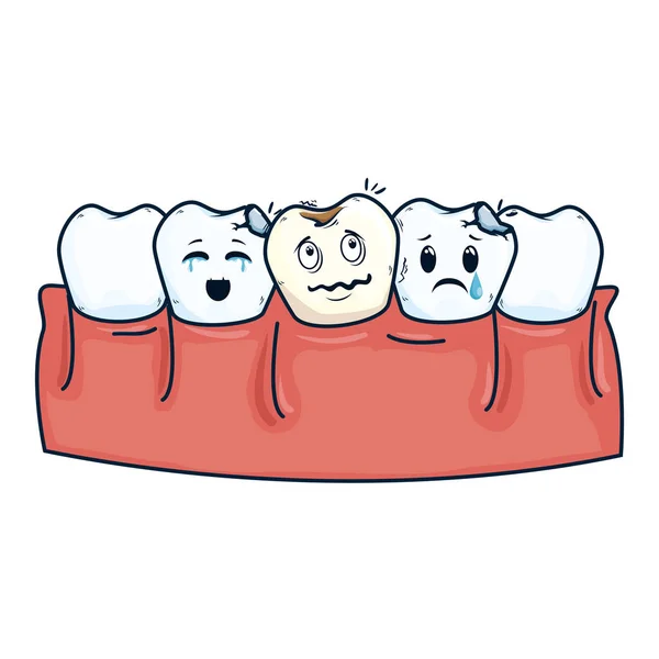 Menselijke tanden met tand triest kawaii tekens — Stockvector