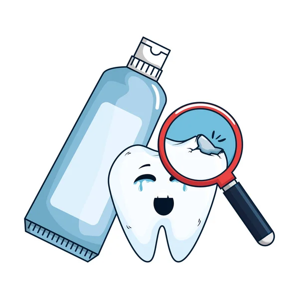 Dent comique avec dentifrice et loupe — Image vectorielle