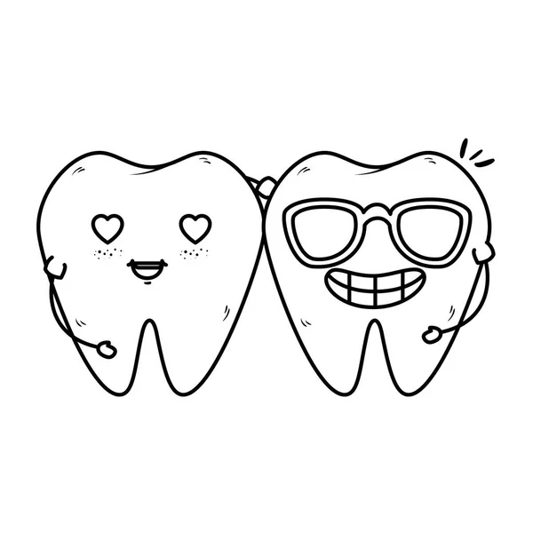 Couple de dents comiques avec coeur kawaii — Image vectorielle