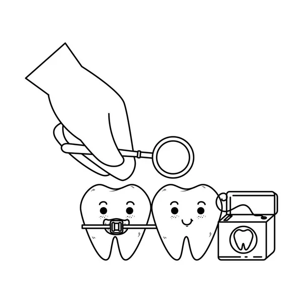 Dents comiques avec caractère kawaii fil dentaire — Image vectorielle