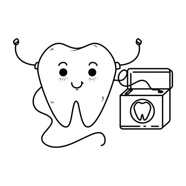 Komik gigi dengan benang gigi kawaii karakter - Stok Vektor