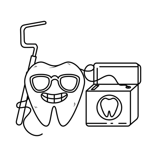 Diente cómico con carácter kawaii hilo dental — Vector de stock
