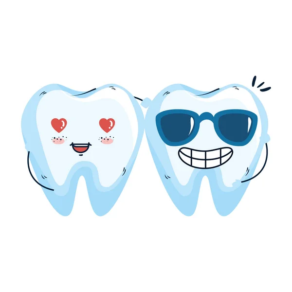 Pareja de dientes cómicos con corazón kawaii — Vector de stock