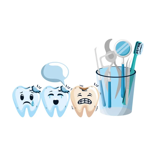 Комічні зуби з персонажами стоматологічного обладнання — стоковий вектор