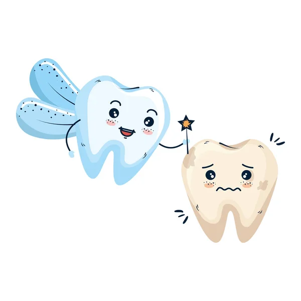 Couple de dents comiques avec des personnages de fée kawaii — Image vectorielle