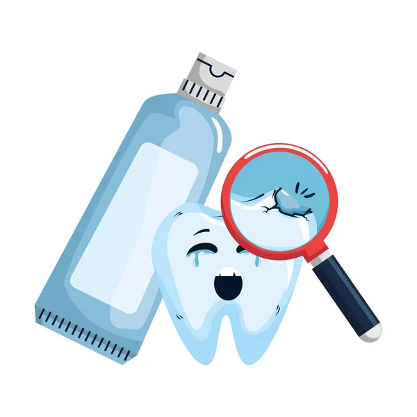 Comic tooth with toothpaste and magnifying glass — Stock Vector
