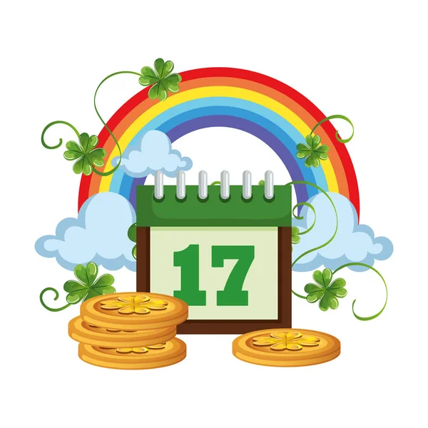 Hromada mincí s kalendářem a rainbow — Stockový vektor