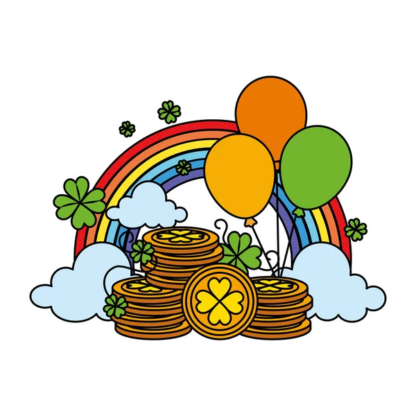 硬币堆积如山的气球氦和彩虹 — 图库矢量图片