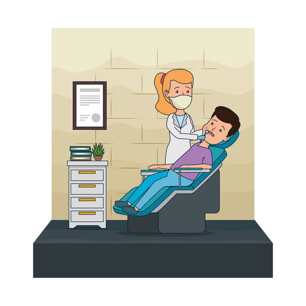 Dentista donna con paziente in procedura — Vettoriale Stock