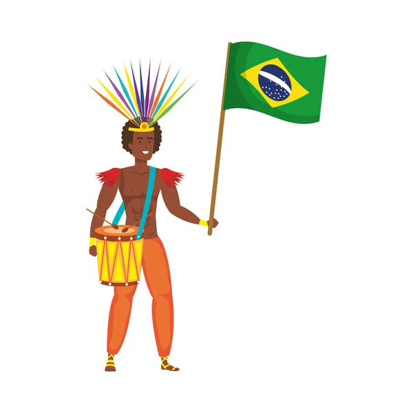 Bailarín brasileño tocando tambor con bandera — Vector de stock