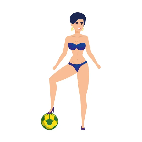 Belle femme avec maillot de bain et ballon de football — Image vectorielle