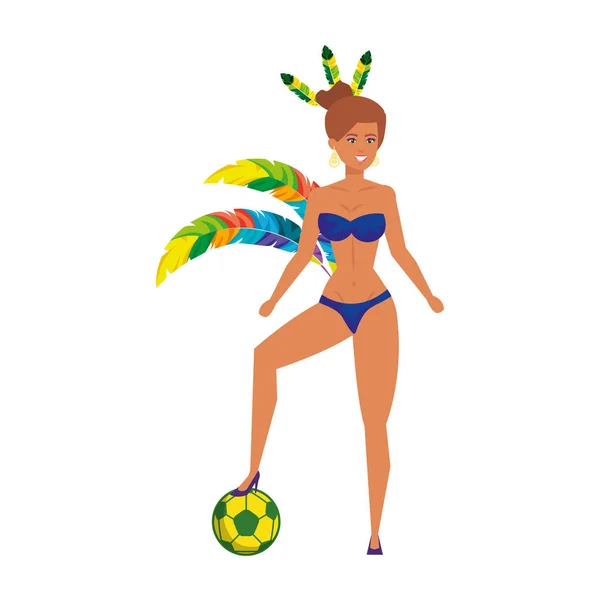 Hermosa garota brasileña con globo de fútbol — Vector de stock