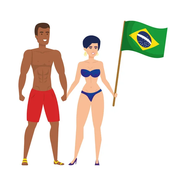 Casal com maiô acenando bandeira brasileira —  Vetores de Stock