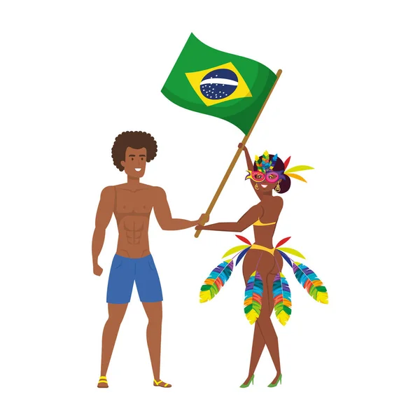 Brazil táncosok pár integetett zászló karakter — Stock Vector