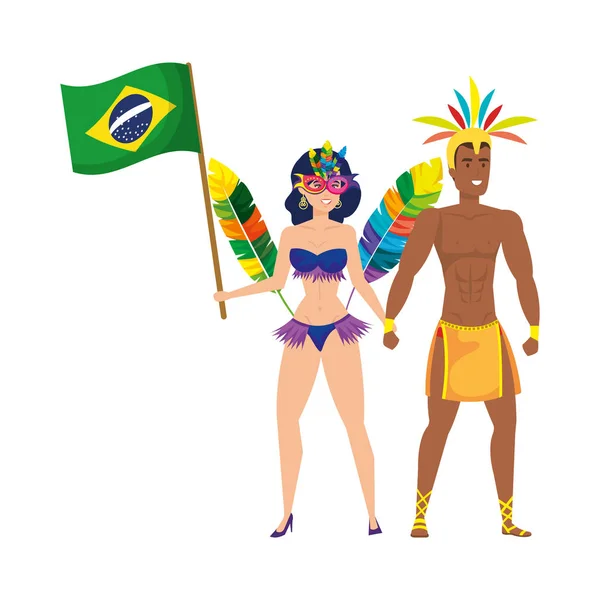 Bailarinos brasileiros casal acenando personagem bandeira —  Vetores de Stock